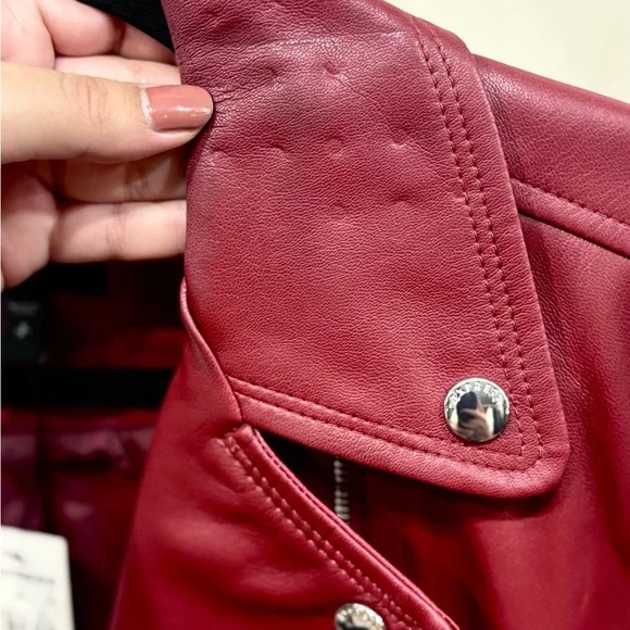 Cropped Red Leather Moto Jacket - Picture 6 of 7